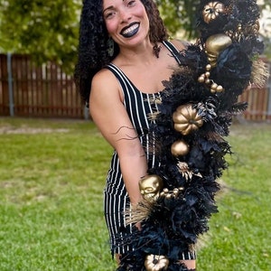 Gothic black peony and gold pumpkin Halloween garland with lights, goth glam luxury thanksgiving garland