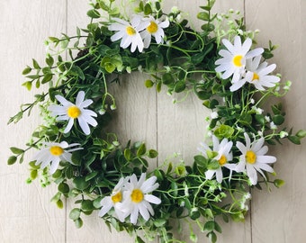 Daisy and boxwood green spring front door wreath, faux summer greenery wreath, artificial minimal wreath, Mothers  day double door wreath