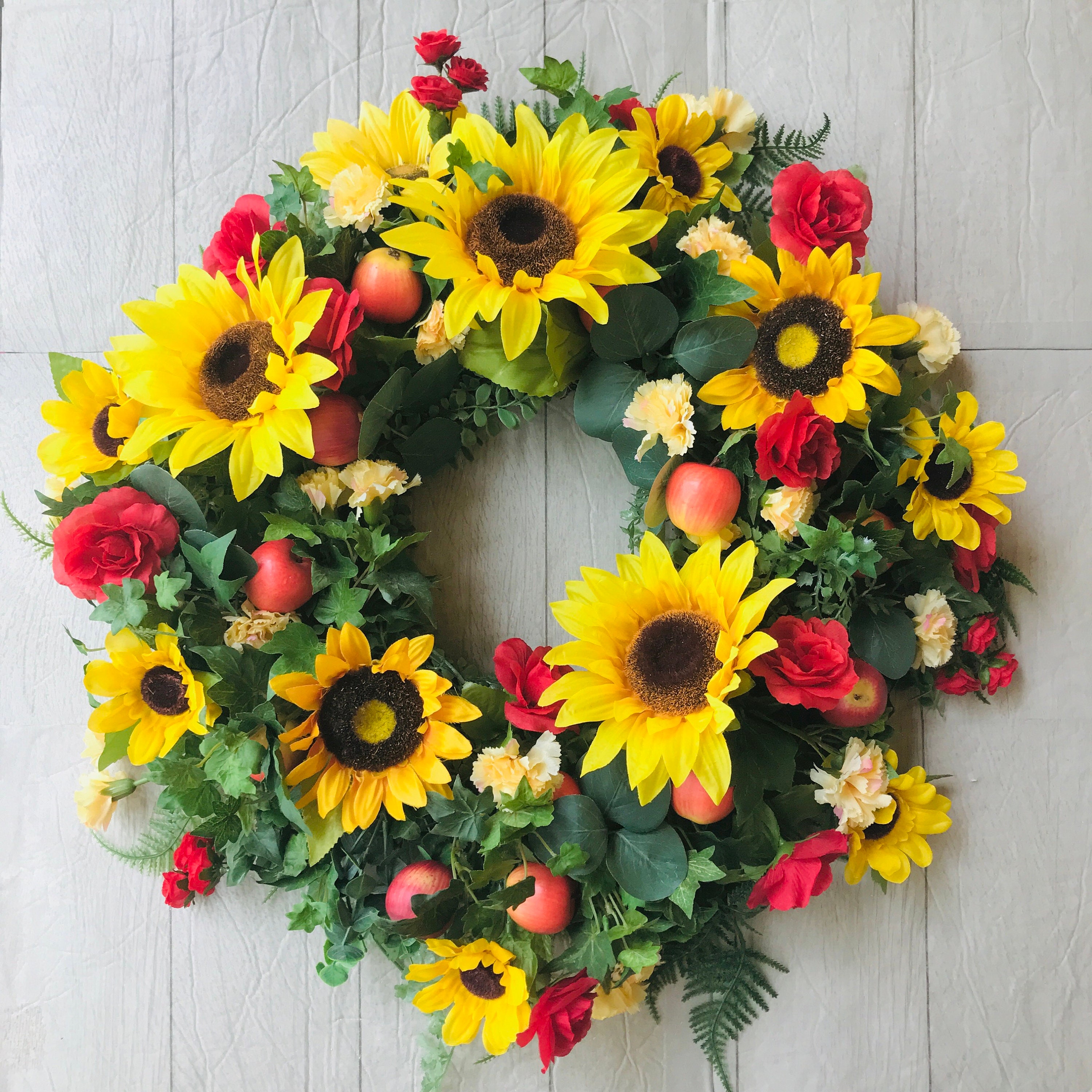 Sunflower, Apple, Eucalyptus Fall Front Door Wreath, Red and Yellow ...
