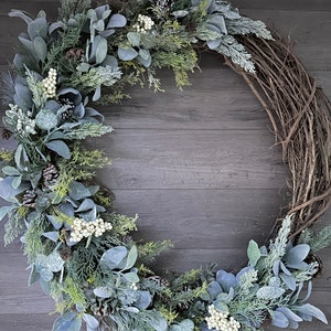 Neutral winter greenery frost front door wreath, flocked crescent lambs ear & boxwood Christmas wreath, half moon evergreen snow Xmas wreath