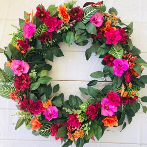 Fushia peony and orange dahlia fall front door wreath, Extra large pink and orange double door wreath, bright year round wreath