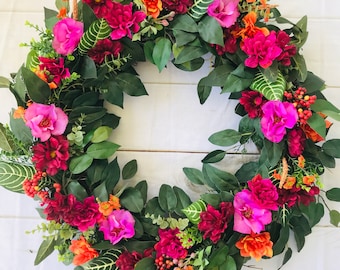 Fushia peony and orange dahlia spring summer front door wreath, Extra large double door wreath, bright tropical wreath