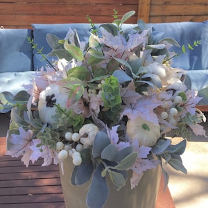 Lambs ear and pumpkin white fall planter insert, neutral autumn urn filler