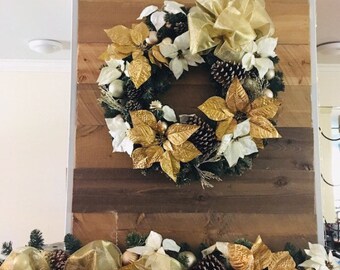 Pre lit thick and luxe champagne, gold and white poinsettia Christmas garland for mantle/ entryway, metallic xmas wedding table centerpiece