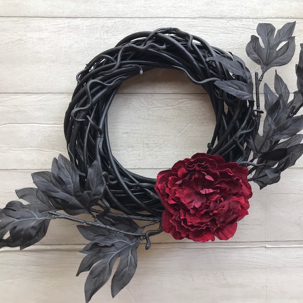 Gothic crimson peony front door wreath, black snake double door dark wreath, Summerween wreath, Valloween gift