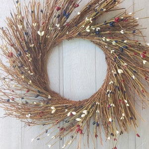 Fourth of July red, blue, and white wispy pip berry summer front door wreath, Memorial Day, Veterans Day, Rustic Americana Patriotic wreath