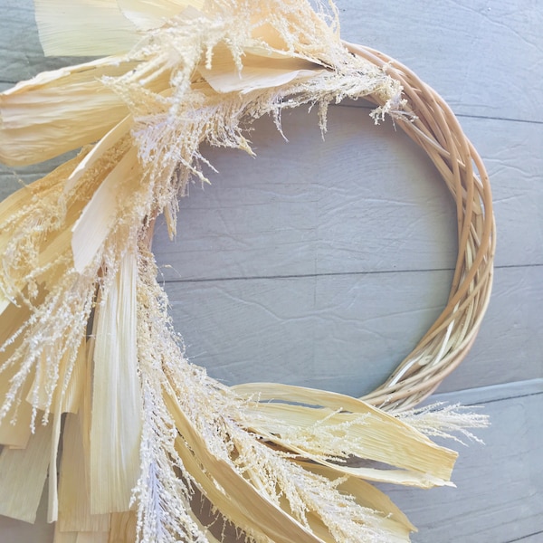 Cream faux pampas grass and corn husk crescent wreath, neutral fall wall hanging, early fall decor, Thanksgiving wreath, boho gift