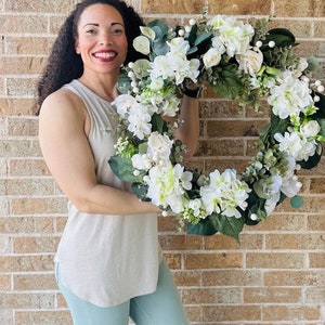 White hydrangea, peony and rose spring summer front door wreath, neutral year round  large luxury double door wreath
