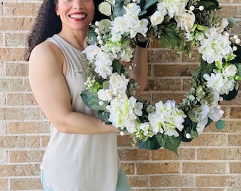 White hydrangea, peony and rose spring summer front door wreath, neutral year round  large luxury double door wreath