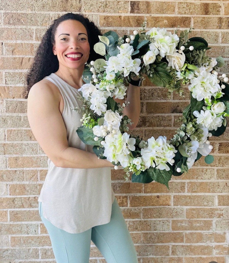 White hydrangea, peony and rose spring summer front door wreath, neutral year round large luxury double door wreath