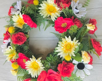 Red and yellow poppy, sunflower, & daisy spring summer front door wreath, Juneteenth BLM wreath, Remembrance Day double door wreath