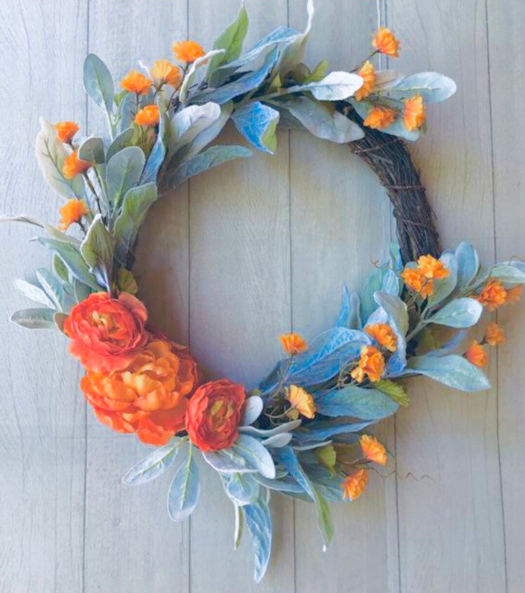 Lambs Ear and Orange Ranunculus Fall Front Door Wreath, Extra Large ...