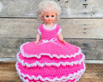 Vintage Crochet Bed Pillow Doll, Pink Dress
