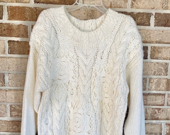 Size Large Chunky Sweater, Crocheted Sweater With Shoulder Pads, Vintage Needles & Yarn Sweater Made In Korea