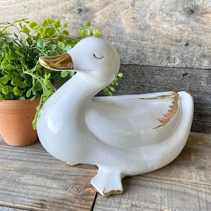 White Ceramic Duck With Gold Accents, Vintage Ceramic Duck, Country Cottage Duck