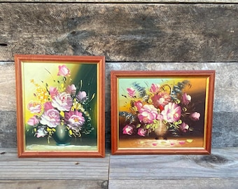 Framed Floral Oil Paintings, Vintage Cottagecore Wall Art, Set of 2