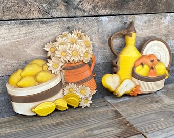 1981 Syroco Kitchen Wall Decor,  Vintage Homco Orange and Yellow Wall Hangings