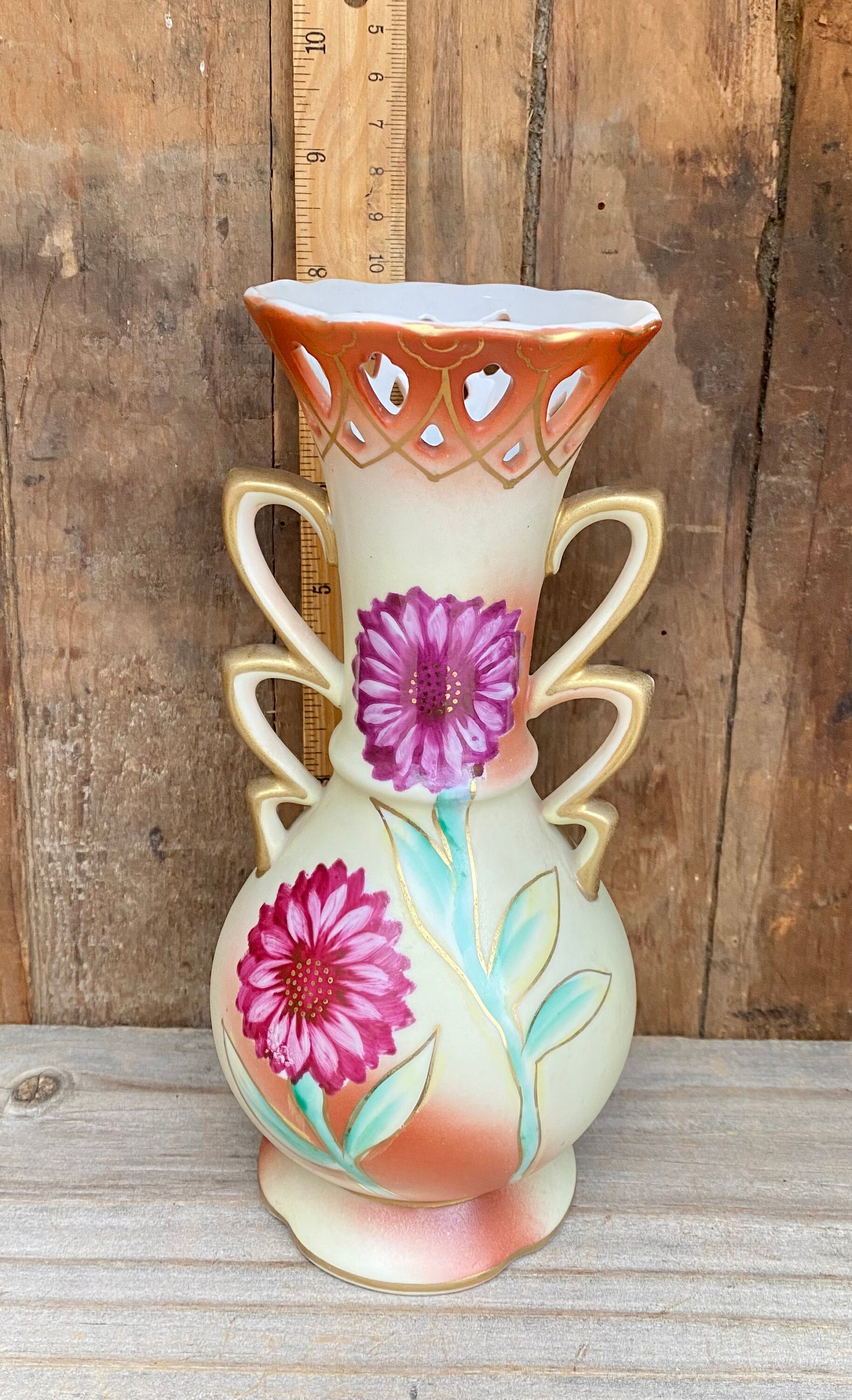 Hand Painted Floral Vase, Vintage Gold Trimmed Vase, Ucagco Vase Made