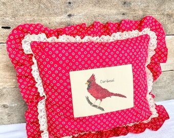 Cardinal Cross Stitch Pillow, Vintage Cardinal Pillow, Vintage Needlework Pillow