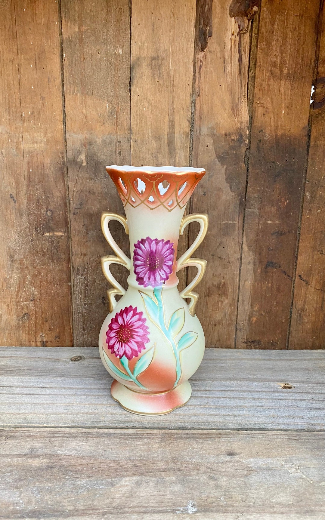 Hand Painted Floral Vase, Vintage Gold Trimmed Vase, Ucagco Vase Made
