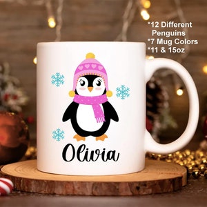 PERSONALISED MUG WITH PENGUIN DESIGN AND YOUR NAME KID CUP CHRISTMAS GIFT UNISEX 