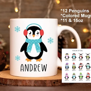 Hot Chocolate Mug Christmas Gift For Kids, Personalized Christmas Mug, Penguin Mug, Children's Hot Chocolate Mug, Custom Hot Cocoa Mug