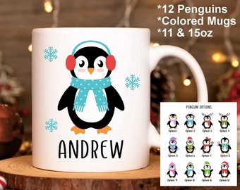 Hot Chocolate Mug Christmas Gift For Kids, Personalized Christmas Mug, Penguin Mug, Children's Hot Chocolate Mug, Custom Hot Cocoa Mug