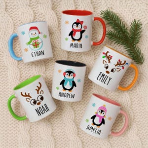 Personalized Christmas Mug: Hot Chocolate Cup for Kids Family, Penguin Reindeer Snowman Gift