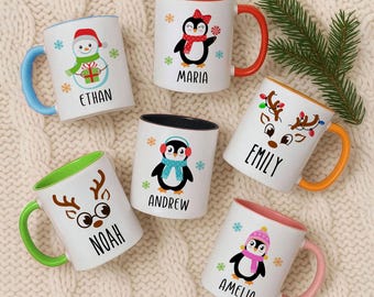 Taza navideña personalizada: taza de chocolate caliente para niños y familia, regalo de pingüino, reno y muñeco de nieve.