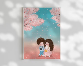 When Spring Wind Blows | Wall Deco Art Print | Illustration Poster | Cute Couple | Cherry Blossom