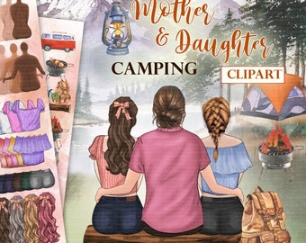 Watercolor Mother Daughter Camping Clipart: Family PNG (Digital Download)