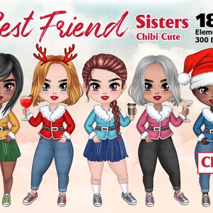 Beste Freunde Chibi süße Clipart, Besties Kaffee, Cocktails, Mode Santa Mädchen Clipart, Soul Sisters Clipart, personalisierbare Clipart PNG