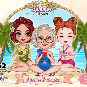 Summer Mother and Daughter Clipart, Beach Girl Clipart, Summer Family Clipart, Friend Clipart, Sisters Chibi clipart, Summer Girls PNG.