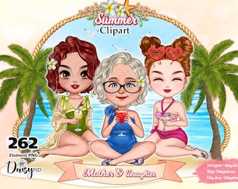 Summer Beach Girls Clipart: Mother Daughter PNG (Digital Download)
