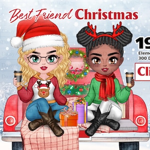 Kerst Beste vrienden Zittend Chibi Clipart, Kersttruck, Besties Clipart, Xmas Girl Coffee, Gesublimeerde Zusters Clipart