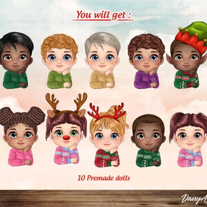 May include: Set of 10 digital illustrations of children wearing Christmas sweaters. The illustrations are in a cartoon style and feature a variety of skin tones and hair colors. You will get: 10 Premade dolls.