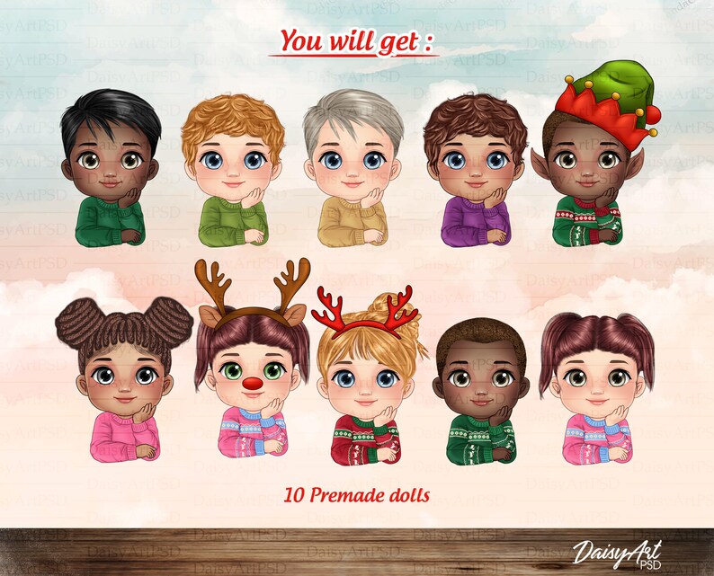 May include: Set of 10 digital illustrations of children wearing Christmas sweaters. The illustrations are in a cartoon style and feature a variety of skin tones and hair colors. You will get: 10 Premade dolls.