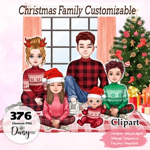 La gran familia navideña sentada Clipart, mamá papá niños adolescente niña niño clipart personalizable, familia de invierno, padres e hijos, PNG personalizado