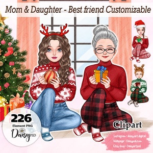 Weihnachten Clipart Mutter und Tochter sitzend, Besties Clipart, Familie Clipart, Xmas Girl Cocktail, Soul Sisters Clipart, anpassbare PNG.