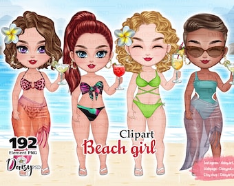 Beach Girl Chibi Clipart: Summer Cocktails, Tropical PNG (Digital Download)