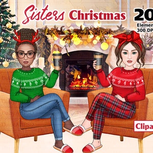 Kerstzusters Zitten Clipart, Beste vrienden Kerst samen, Xmas Girl Koffie, Soul Sisters Clipart, Aanpasbare Clipart PNG