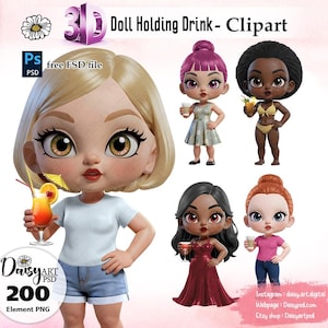 Muñeca 3D, imagen prediseñada de niña personalizada, imagen prediseñada de creador de personajes de estilo 3D, imagen prediseñada de niña negra, cóctel, café, niña planificadora.