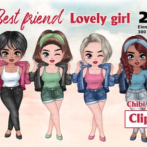 Mooi meisje Chibi leuke clipart, beste vrienden, modemeisjes, meisje knipogen, zusters clipart, zomerzusjes mode, digitale illustraties PNG