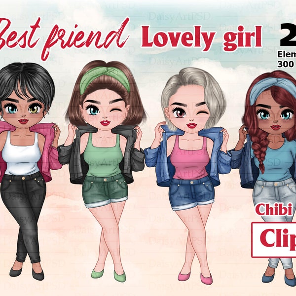 Lovely Girl Chibi Cute Clipart, Best Friends, Fashion Girls,Girl winking, Sisters Clipart, Summer Sisters Fashion, Digital Illustrations PNG