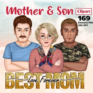 Peut inclure: Illustration numérique d'une mère et de son fils, avec le texte "Best Mom Love Forever" en paillettes dorées. La mère porte un pull rose avec une écharpe rouge, et le fils porte une chemise bleue. L'arrière-plan est une aquarelle bleu clair.