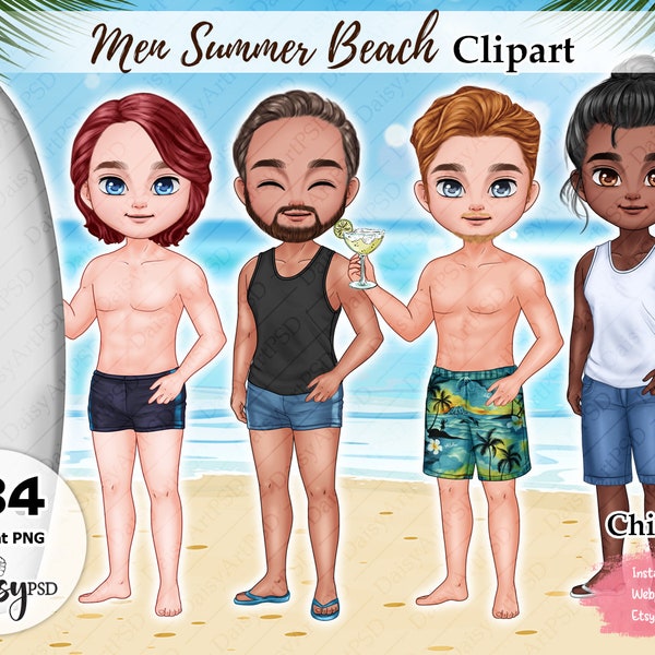 Men Summer Beach Clipart, Summer Clip Art, Best Friends Clipart, Chibi Clipart, Summer Png, Beach Tropical, Sublimation Design.