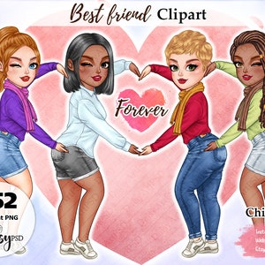 Best Friends Chibi Clipart, Mädchen Herzform, Besties Clipart, Curvy Girl, Soul Sisters Clipart, anpassbare Clipart PNG.