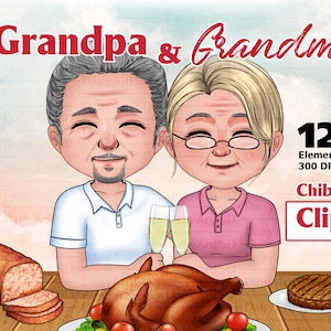 Abuelos Chibi Clipart: "ABUELO Y ABUELA". Clipart del viejo y la abuela. Antigua familia. Retrato personalizado.