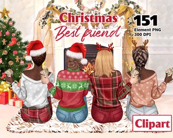 May include: Four friends wearing winter clothes sit in front of a fireplace. They are holding mugs of hot chocolate and wearing festive attire. The text "Christmas Best friend" is above the fireplace.