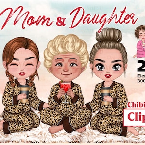 Clipart de Navidad de Madre e Hija, Vacaciones de Abuela y Nieta, Navidad de la Familia del Pijama, Clipart del Día de la Madre, Mejor hija